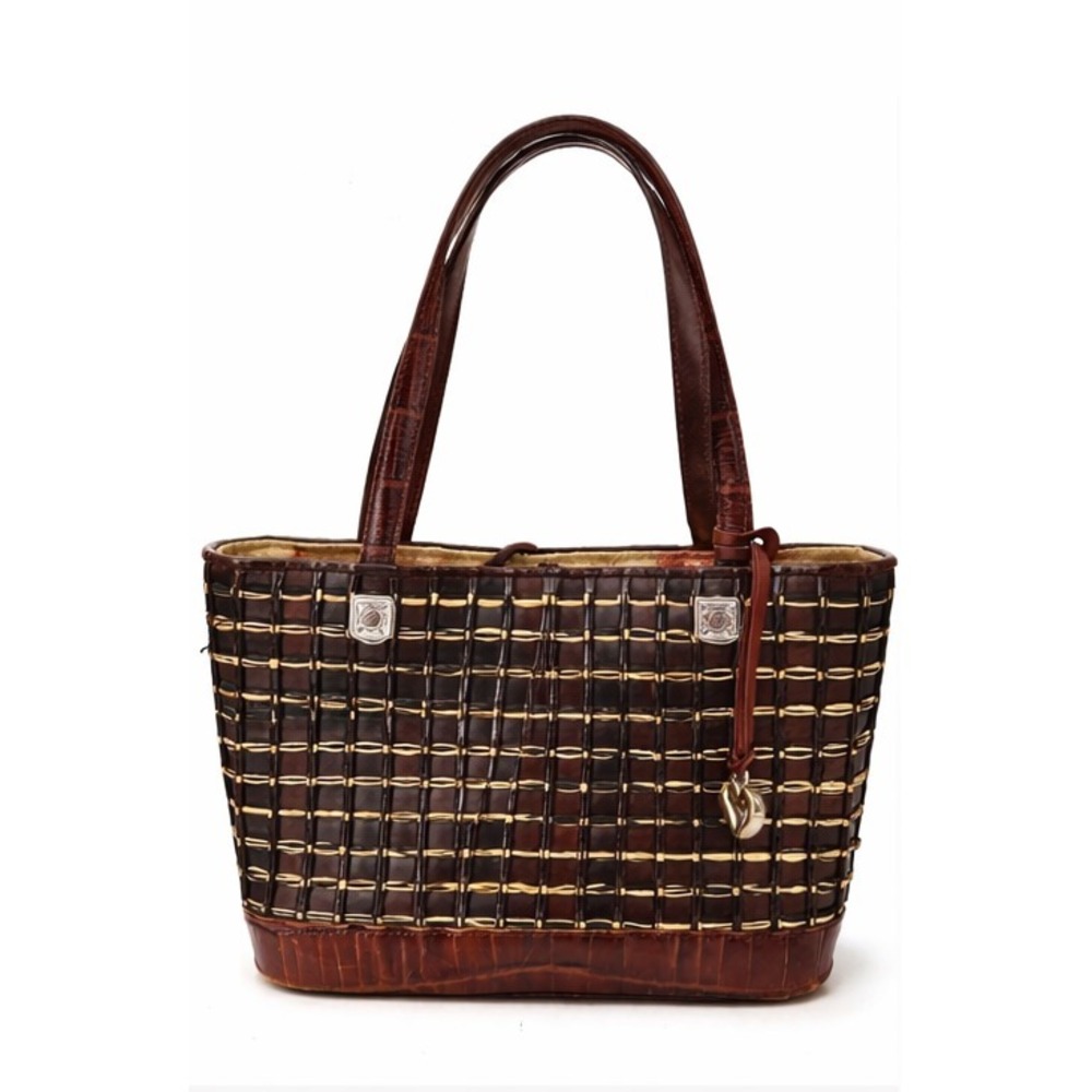 Brighton Womens Double Top Handle Satchel Tote Brown Woven Leather Floral Lining